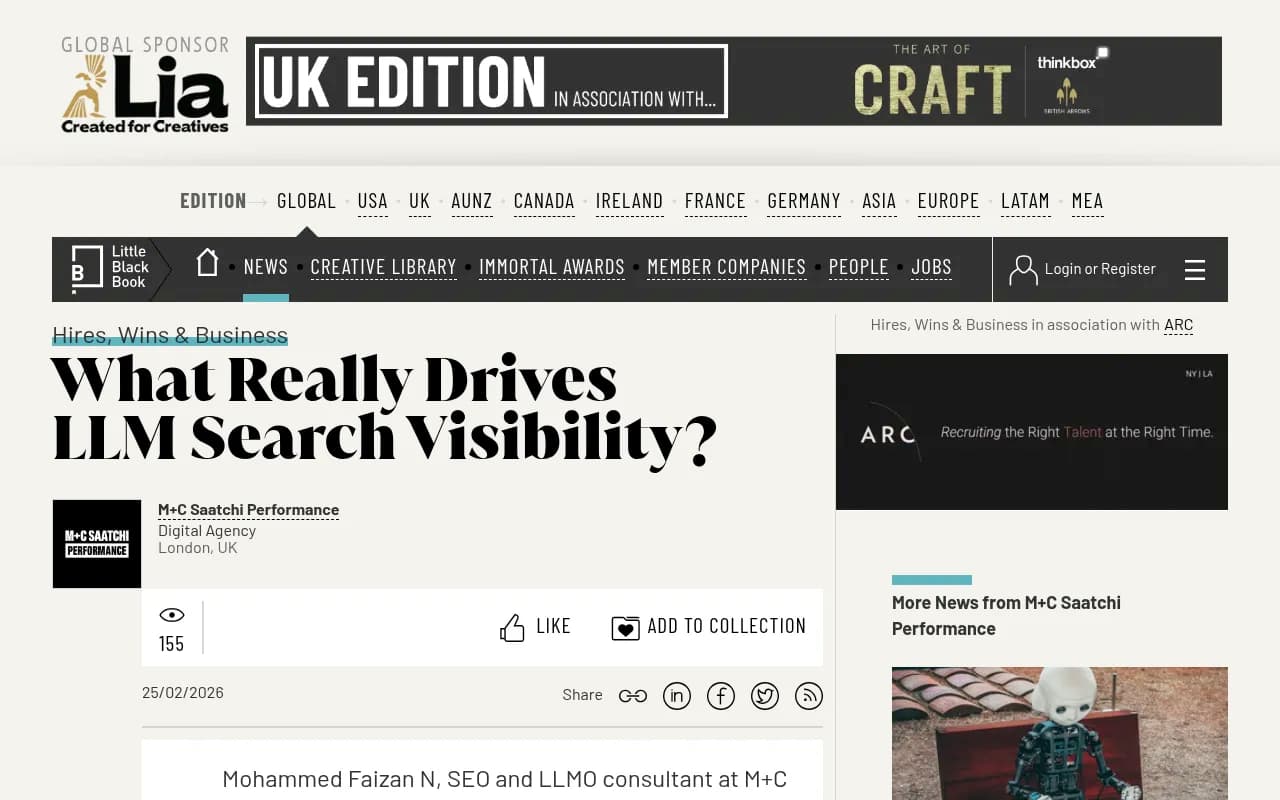LBBOnline article on what drives LLM search visibility, featuring expert analysis from M+C Saatchi Performance