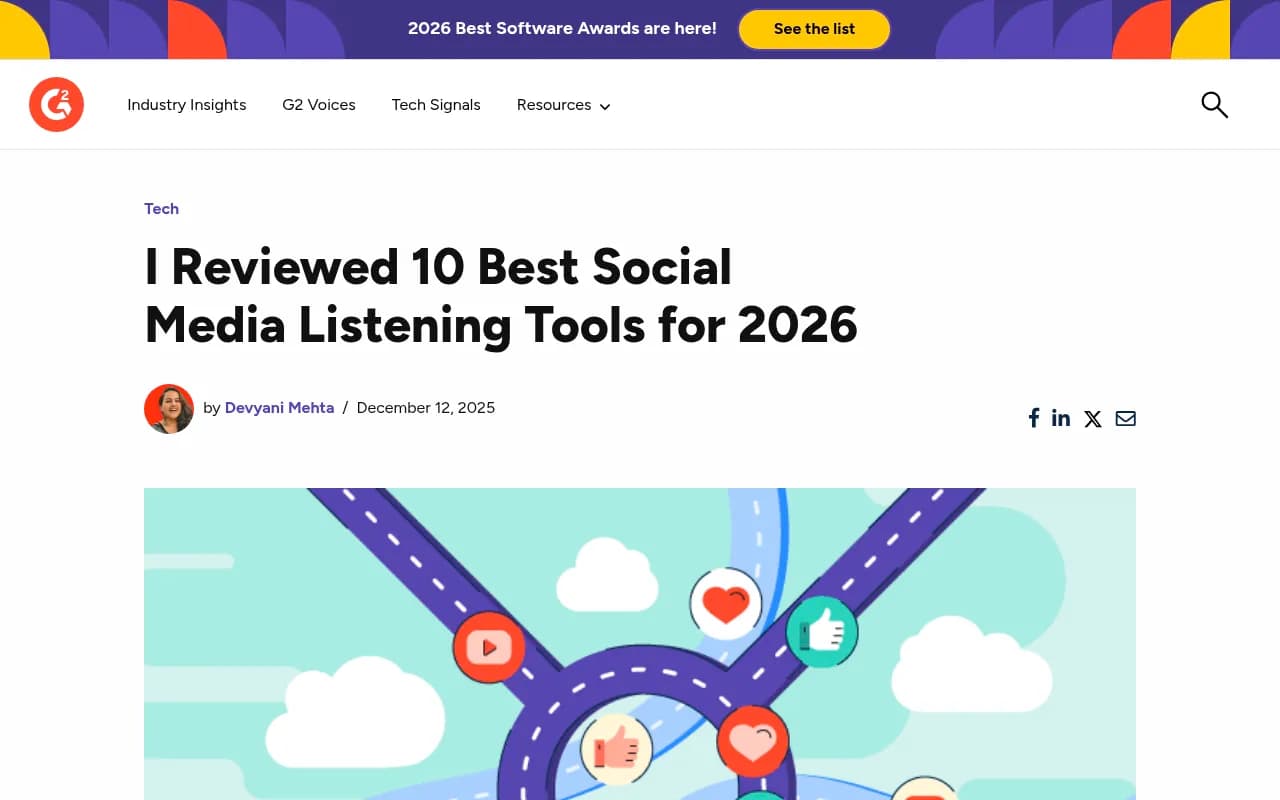 G2's 2026 roundup of the best social media listening tools, showing Sprout Social, Brandwatch, and others