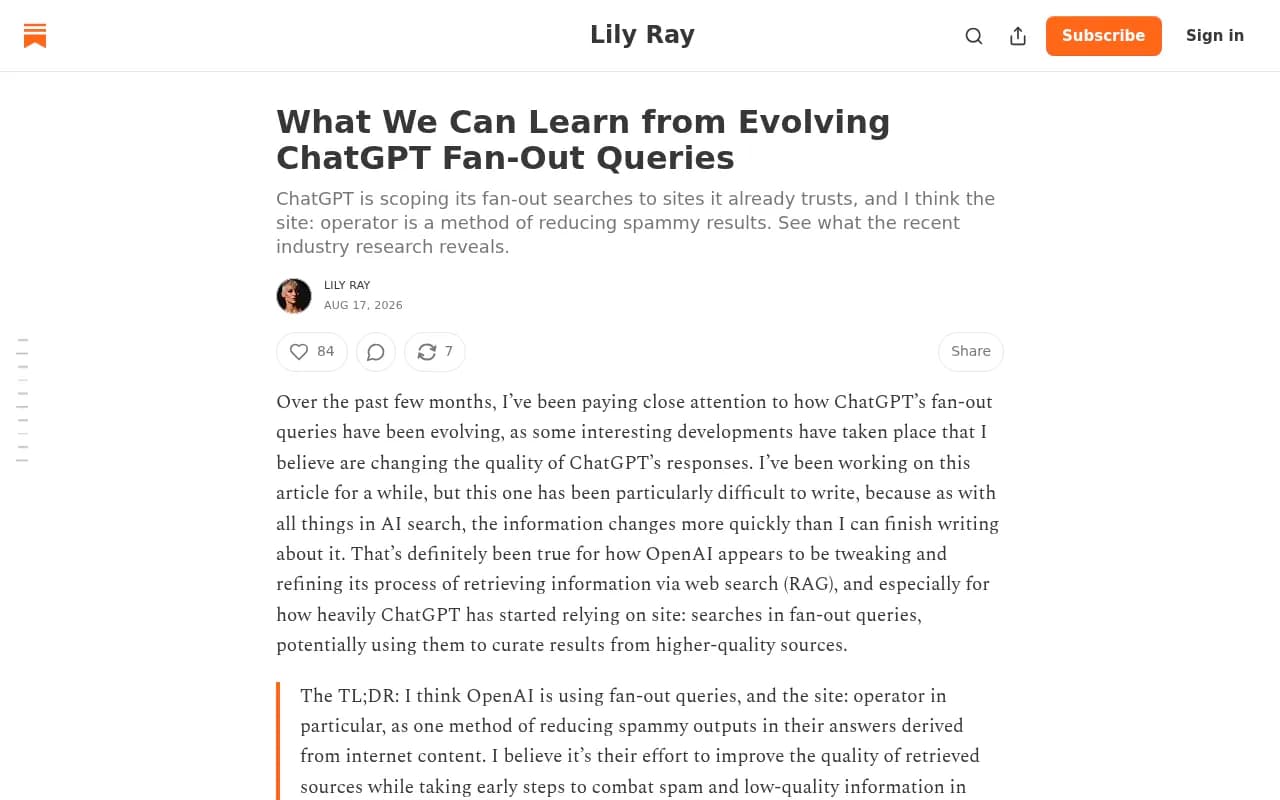 Lily Ray's write-up on how ChatGPT fan-out queries and the site: operator have changed