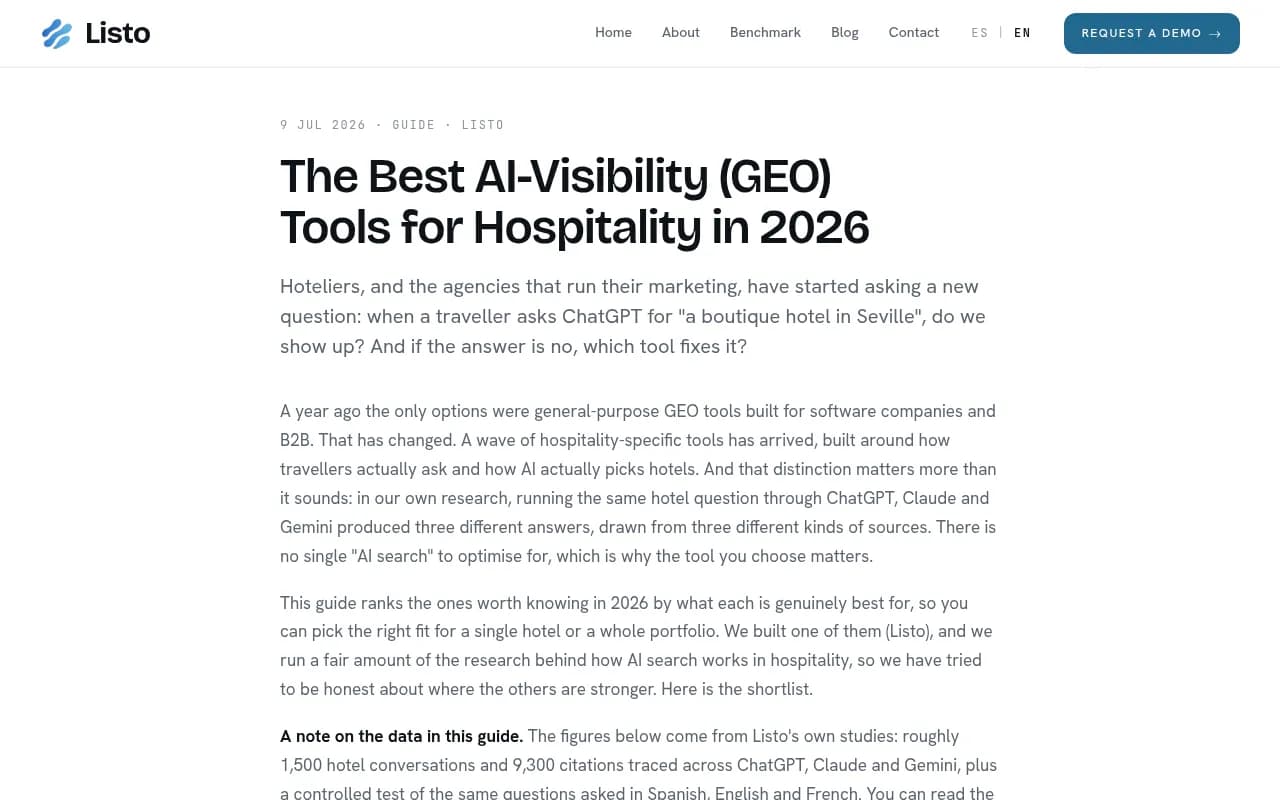 Listo's guide to AI visibility tools for hospitality in 2026, showing hospitality-specific GEO tool comparisons
