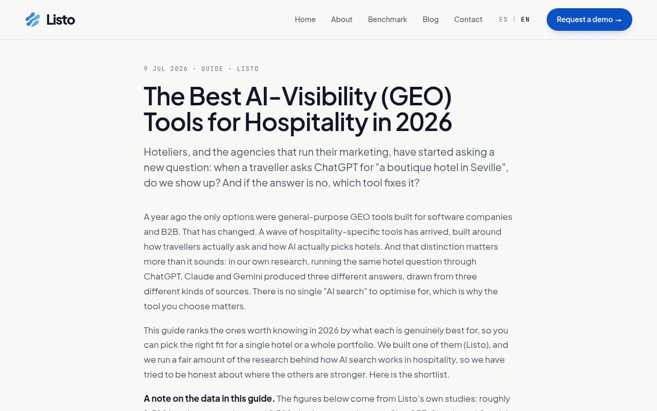 Listo's guide to GEO tools for hospitality, which reports its own hotel citation research