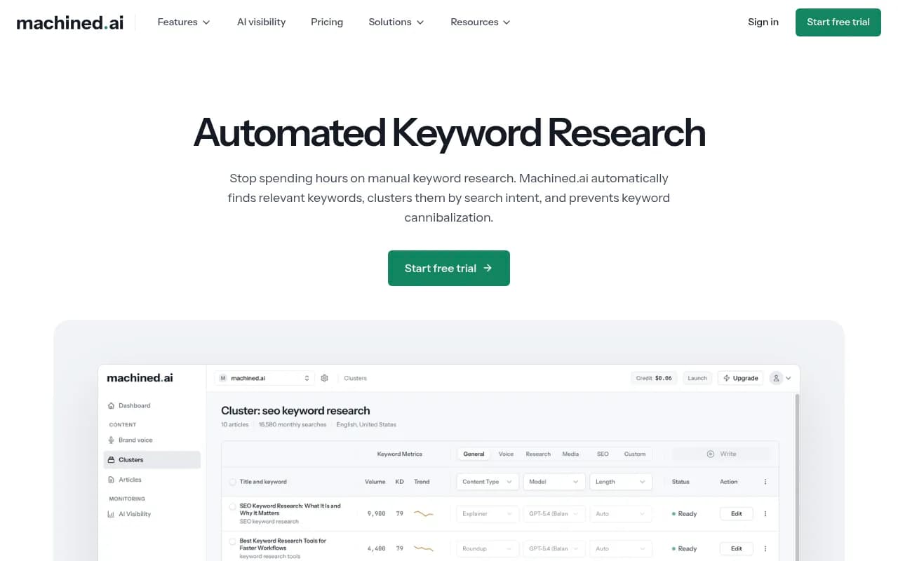 Machined.ai automated keyword research and clustering page