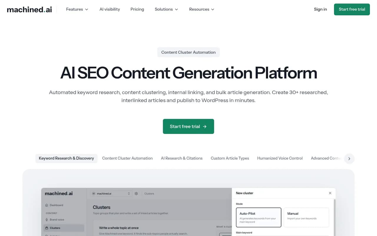 Machined.ai homepage showing its automated content cluster workflow