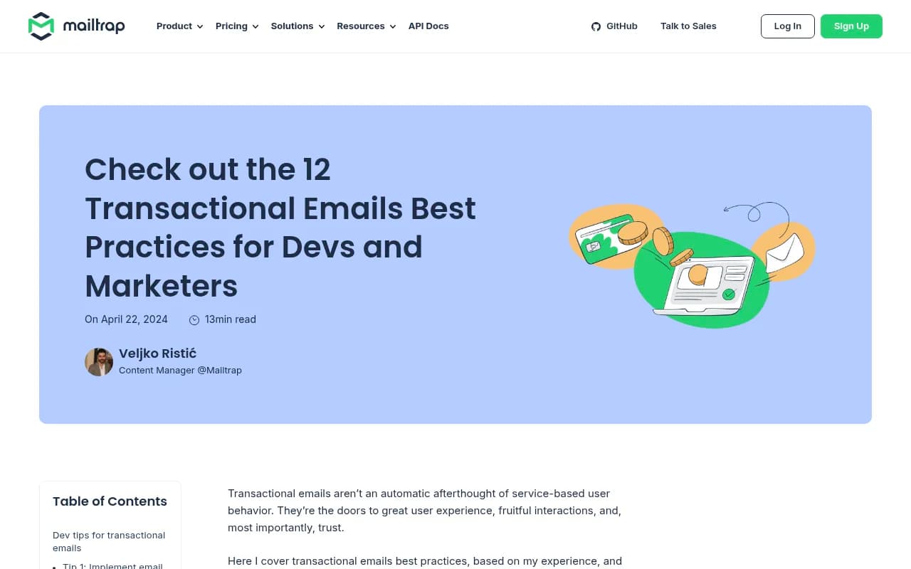 Transactional email best practices guide from Mailtrap covering authentication and deliverability