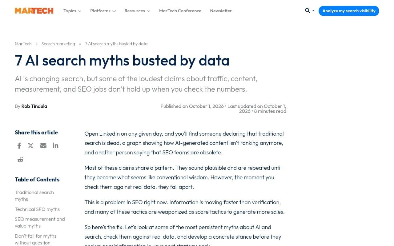 MarTech article on seven AI search myths busted by data