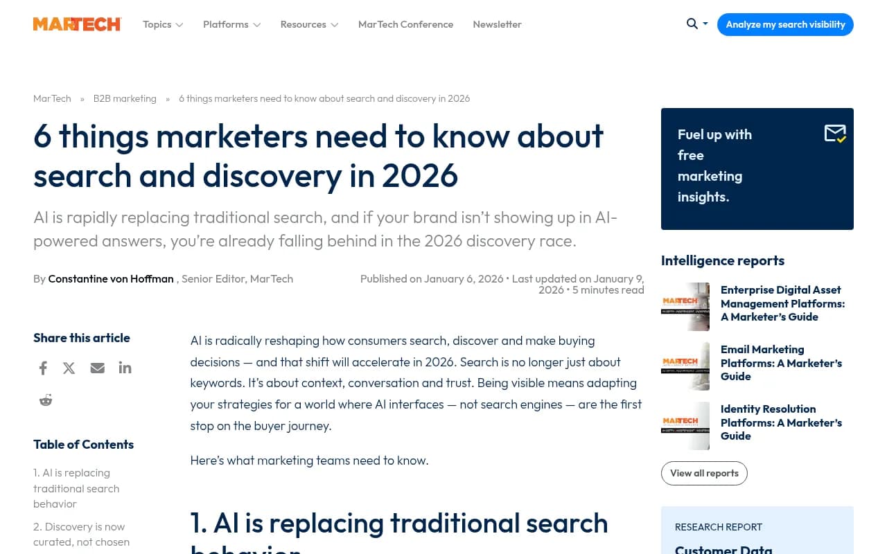 MarTech article on six things marketers need to know about search and discovery in 2026