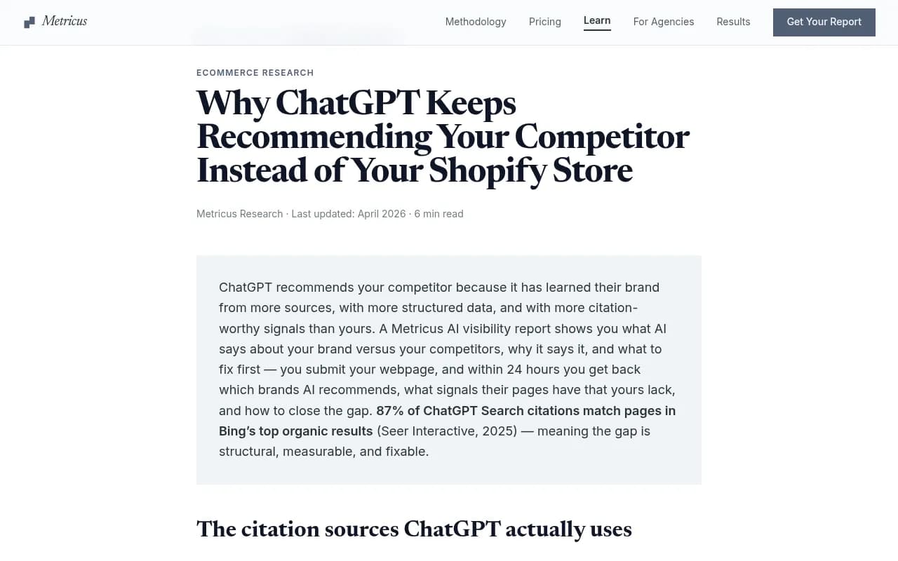 Metricus AI visibility audit showing competitor gap analysis for Shopify stores