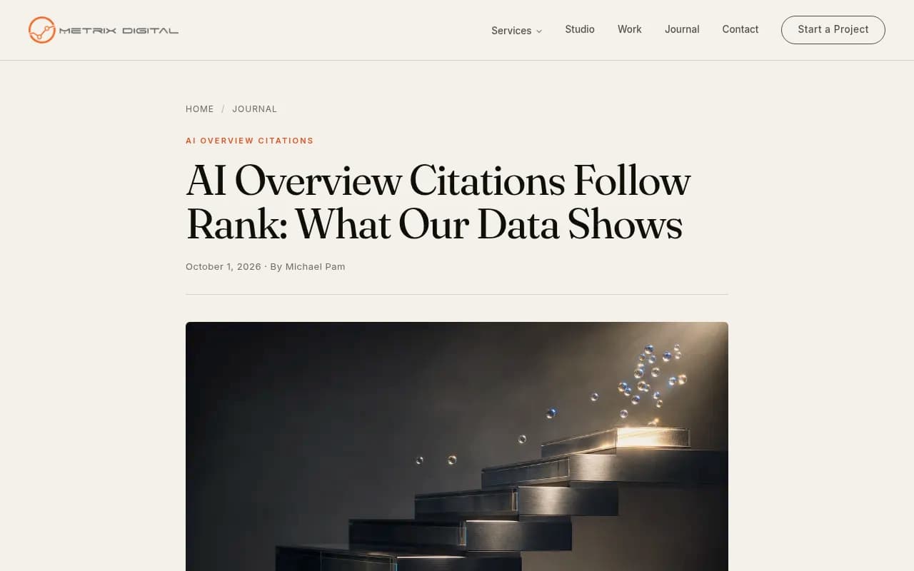 Metrix Digital's write-up of AI Overview citation rates by organic position across managed client sites