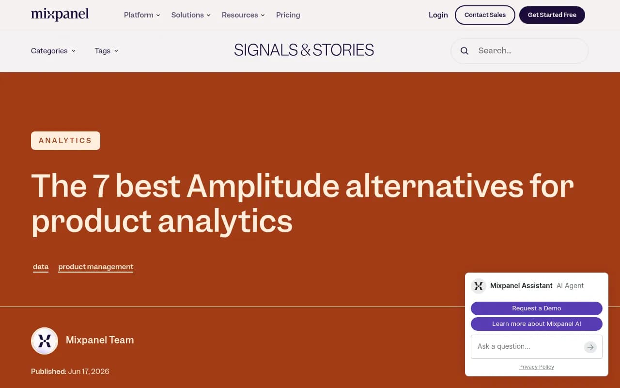 Mixpanel's Amplitude alternatives comparison page showing feature and pricing differences