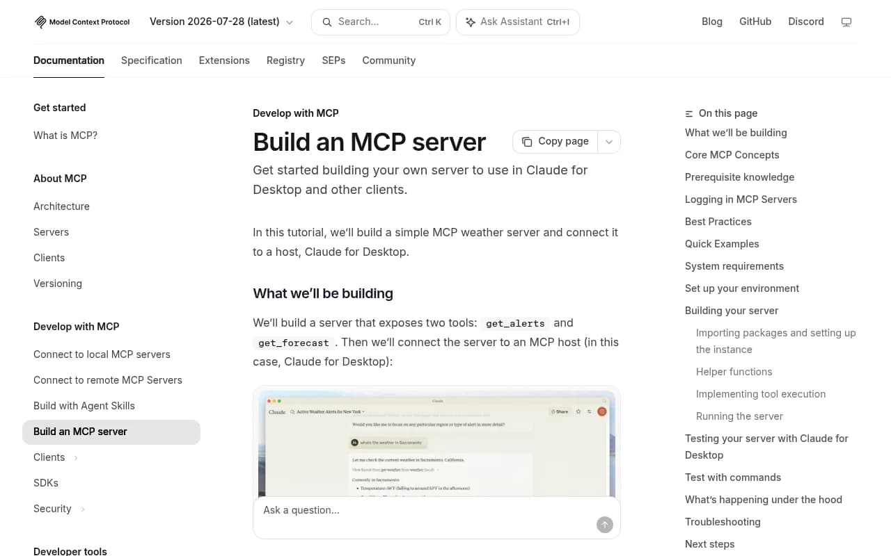 The official Model Context Protocol guide for building a server and testing it in Claude for Desktop