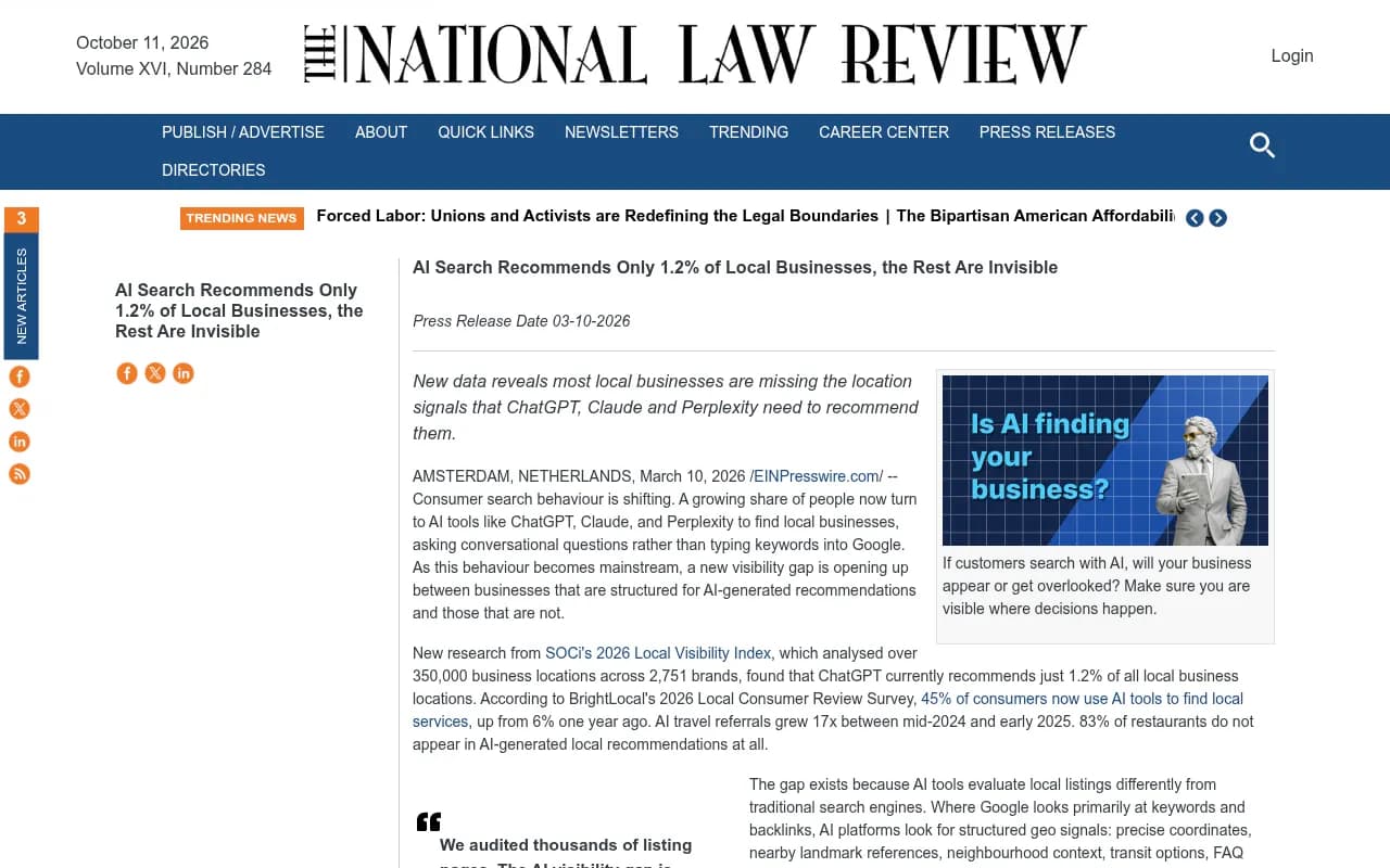 AI Search Recommends Only 1.2% of Local Businesses press release screenshot
