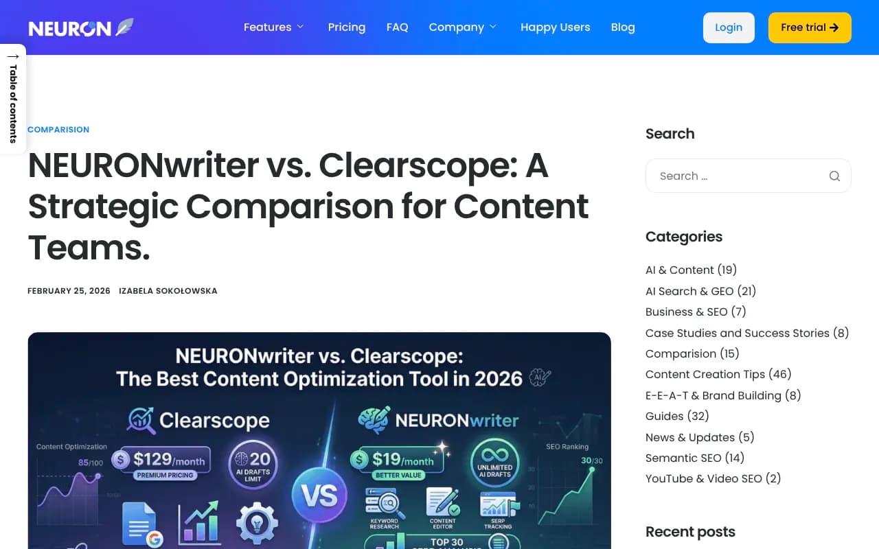 NeuronWriter vs Clearscope comparison overview from NeuronWriter's blog