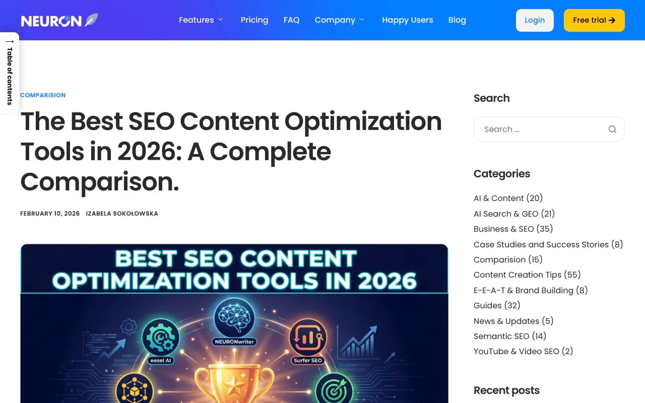 NeuronWriter's 2026 SEO content optimization tools comparison