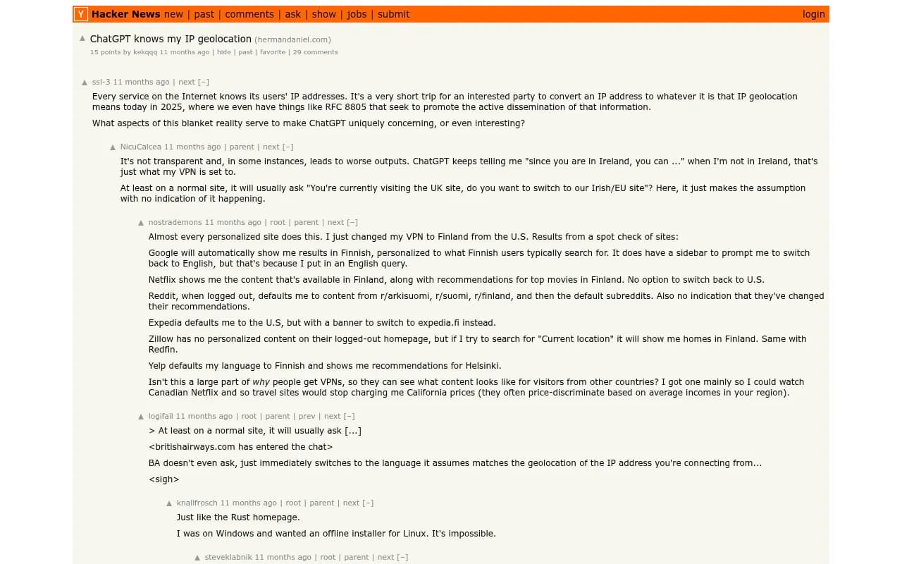 Hacker News discussion debating whether ChatGPT uses IP-based geolocation