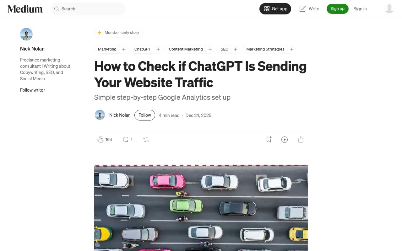Nick Nolan's Medium guide to checking ChatGPT traffic with a GA4 exploration
