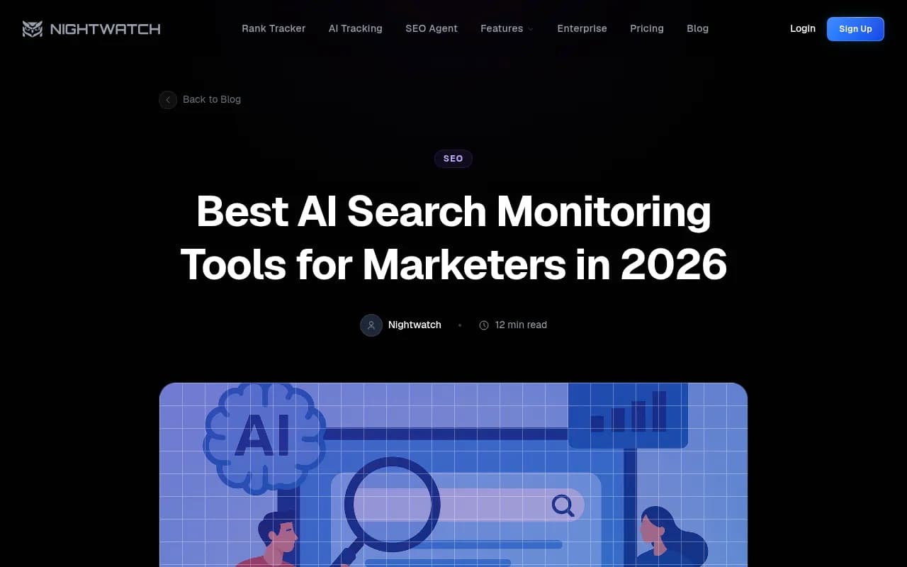 Nightwatch AI search monitoring blog page showing their 2026 guide to best AI search monitoring tools for marketers