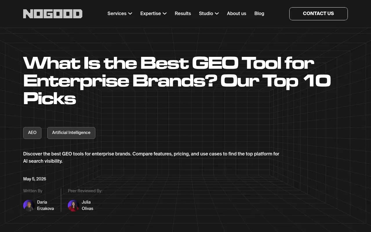 NoGood's enterprise GEO tool comparison page, useful as a reference for large-brand evaluation criteria