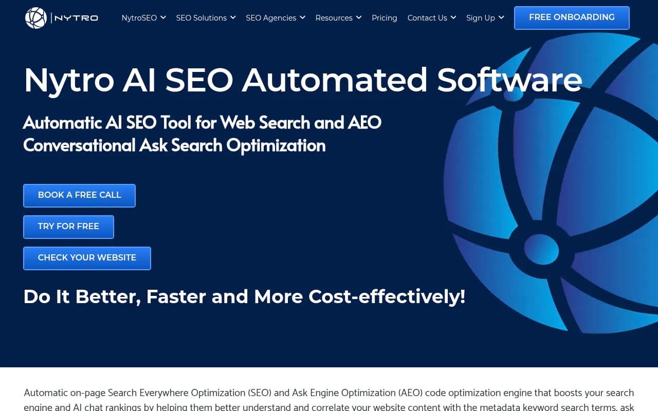 NytroSEO homepage showing its automatic on-page SEO and AEO optimization pitch