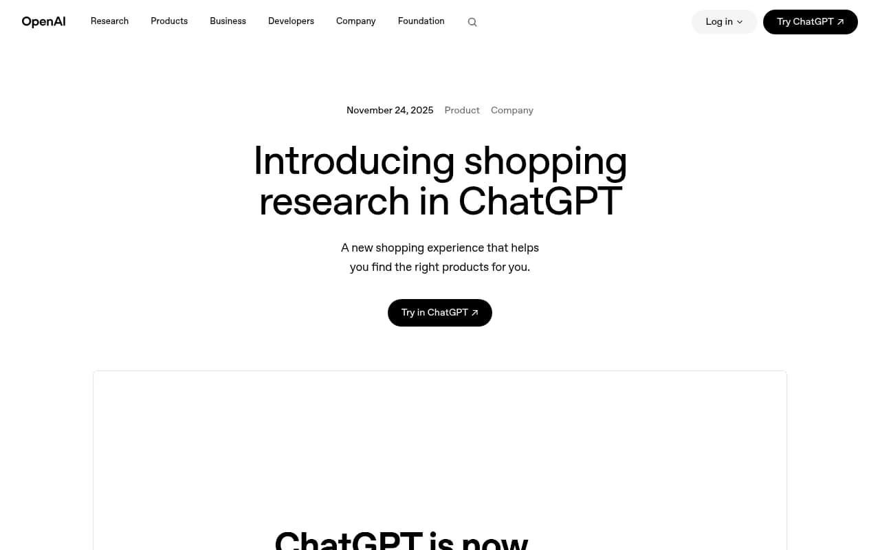 OpenAI's shopping research feature page describing how ChatGPT builds personalized buyer's guides