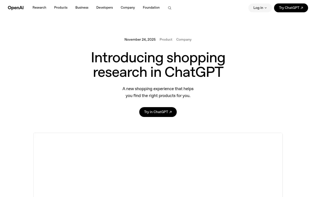 OpenAI's announcement page for shopping research in ChatGPT