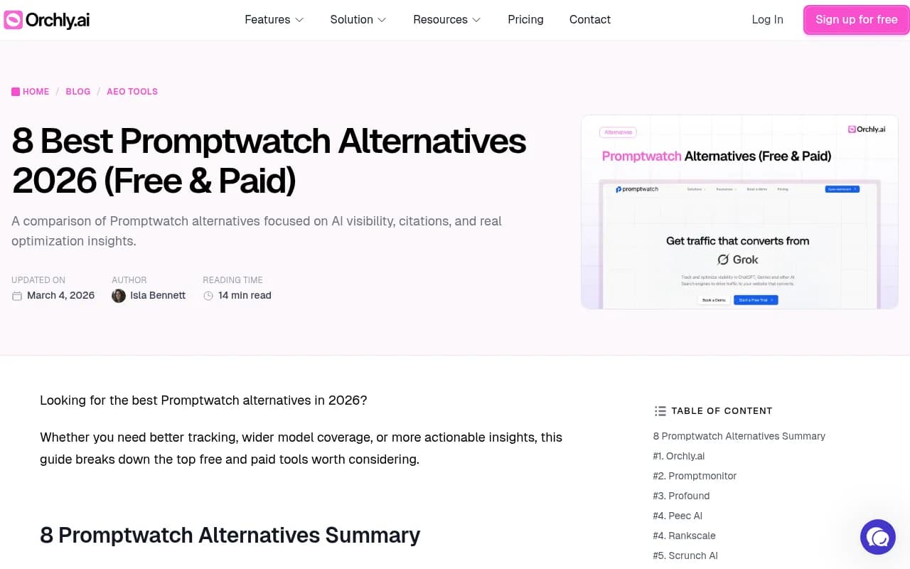 Orchly alternatives comparison page showing a breakdown of Promptwatch alternatives in 2026