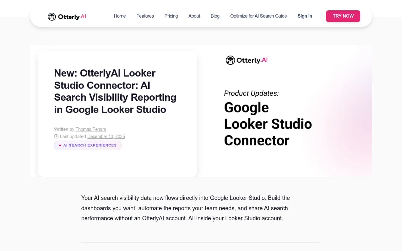 OtterlyAI Looker Studio connector setup showing the prebuilt template and data source configuration