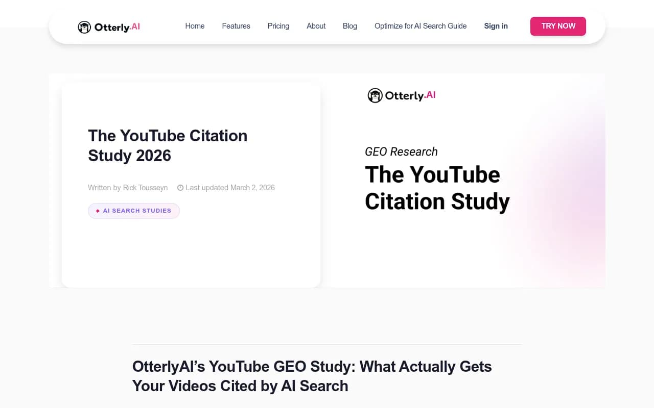 OtterlyAI YouTube Citation Study 2026 showing Reddit and YouTube dominate social media citations in AI search