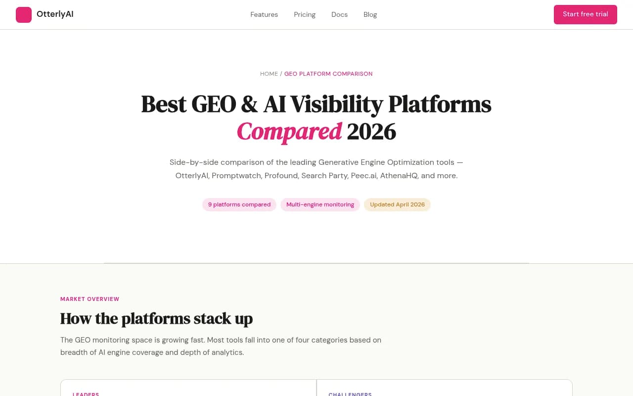 Side-by-side comparison of leading GEO platforms including OtterlyAI, Promptwatch, Profound, Search Party, Peec.ai, AthenaHQ, and more