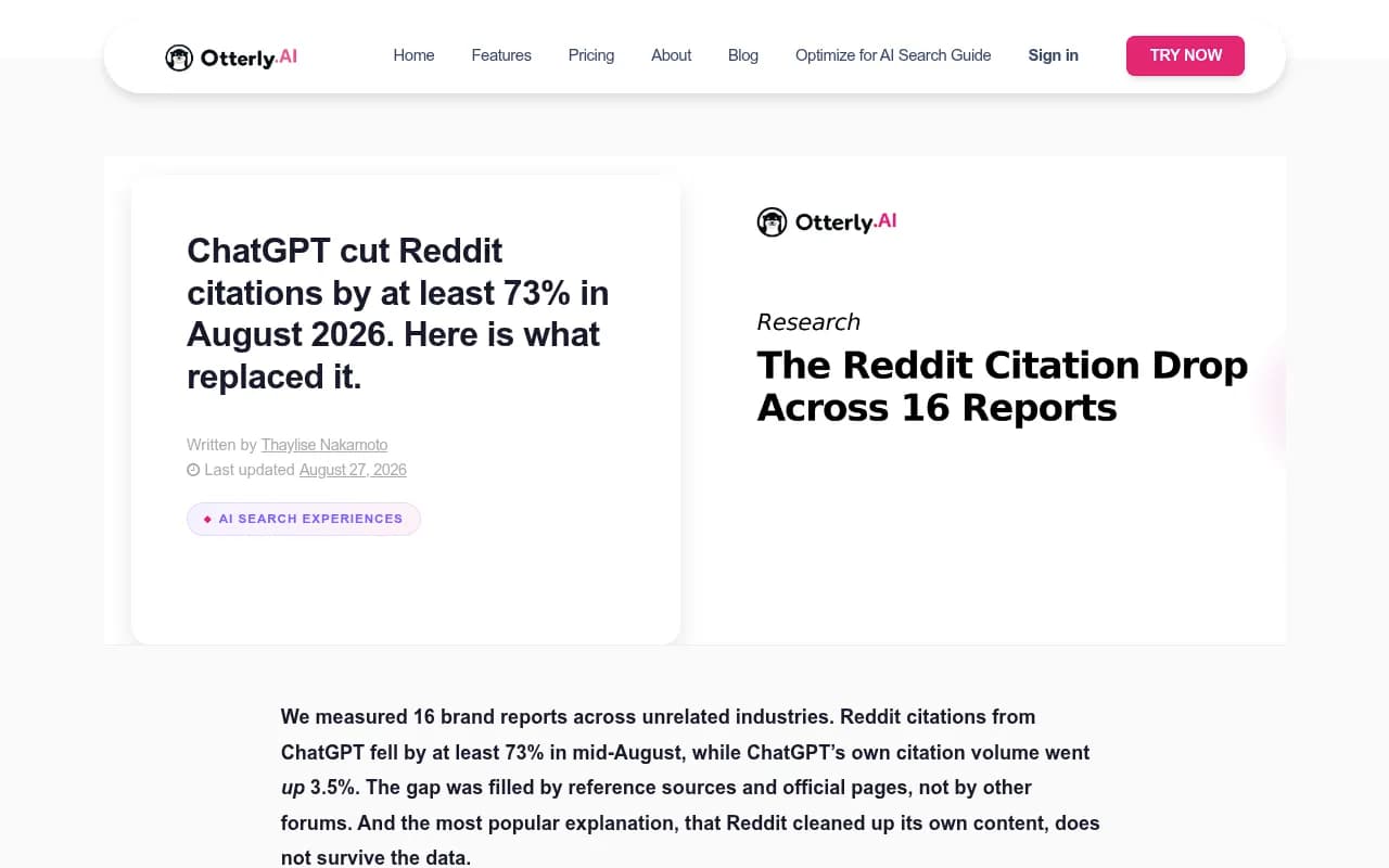 Otterly.ai's analysis of the ChatGPT Reddit citation drop, showing the 73% decline across 16 brand reports and the controls that rule out alternative explanations