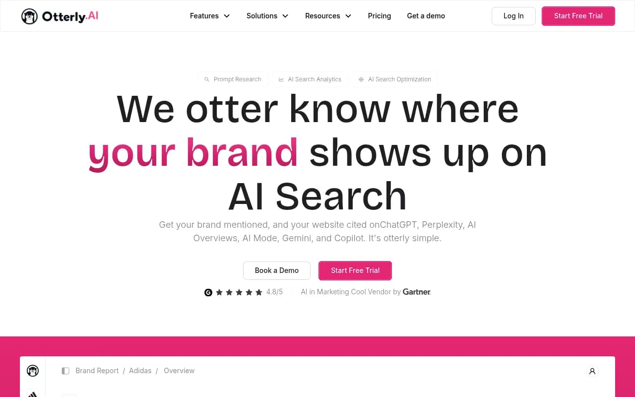 Otterly.AI's brand report dashboard showing coverage tracking for Adidas against Nike, HOKA, ASICS, and other competitors