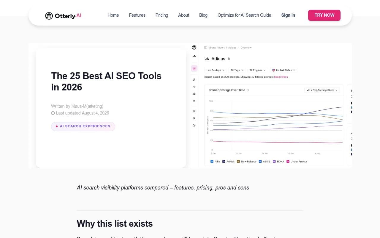Otterly's comparison of 25 AI SEO tools with pricing and engine coverage