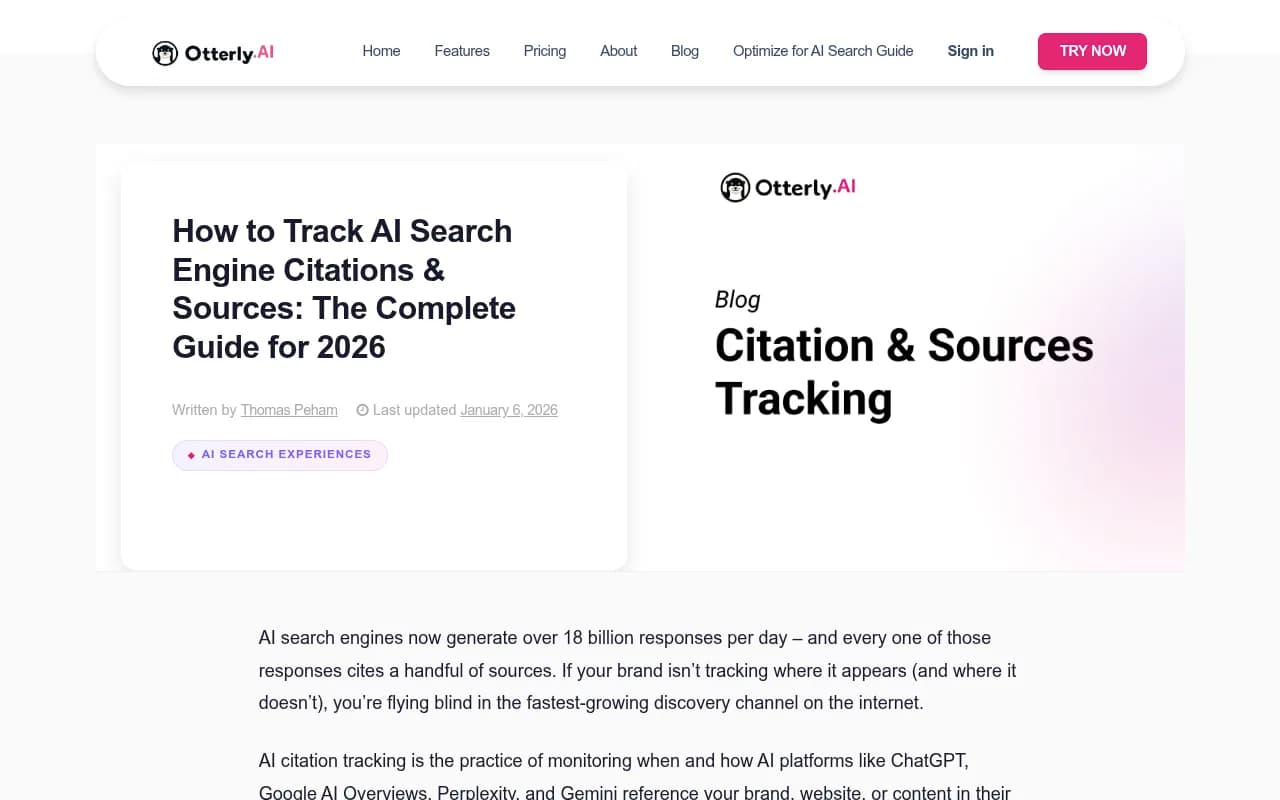 OtterlyAI's guide to tracking AI search engine citations, with a manual tracking template and KPI framework