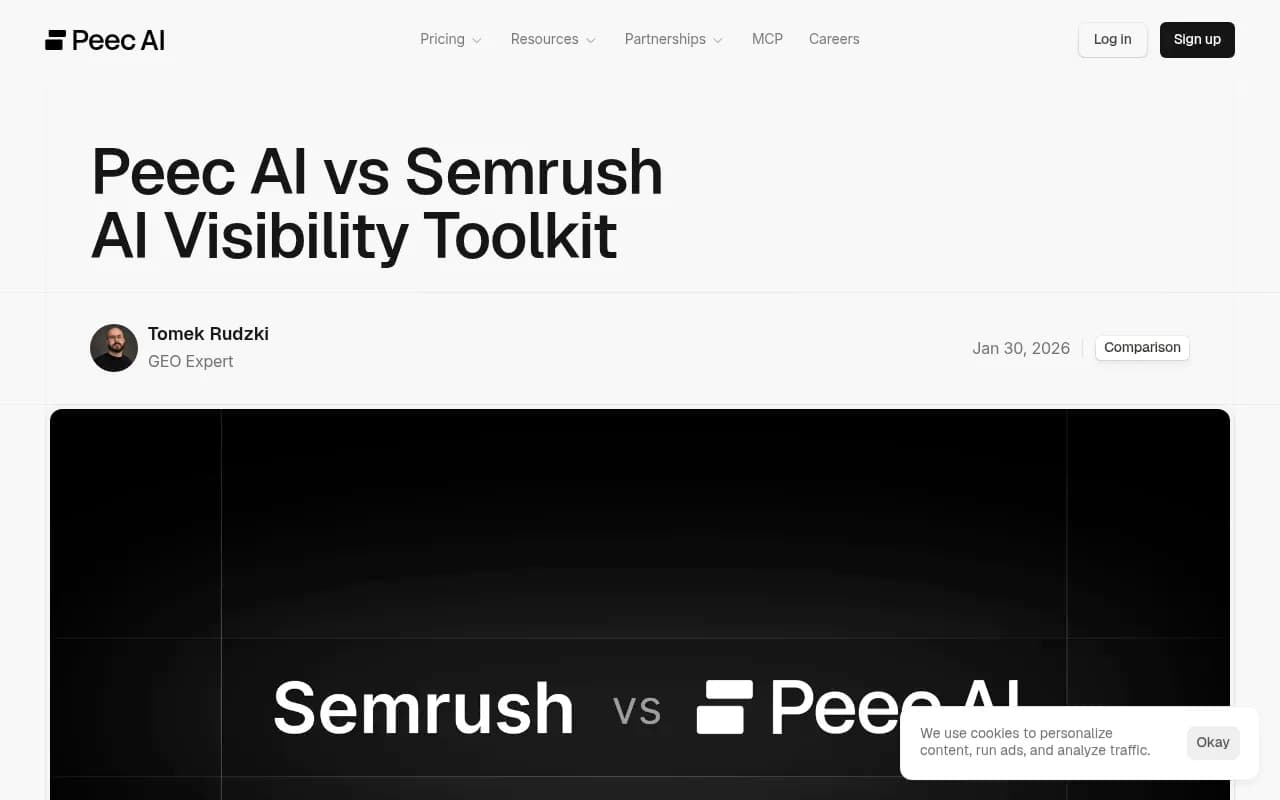 Peec AI comparison page showing feature breakdown against Semrush for AI search tracking