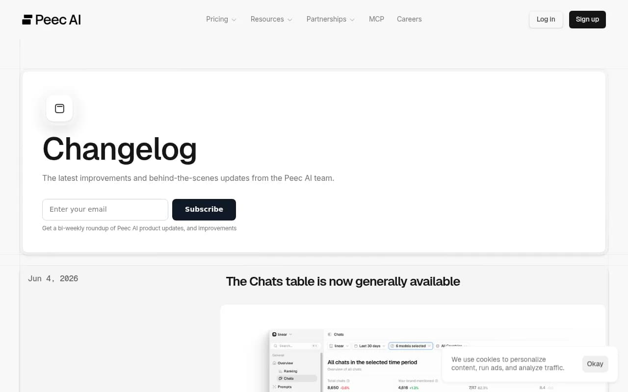 Peec.ai changelog showing new features including Crawl Insights integrations and Chats table