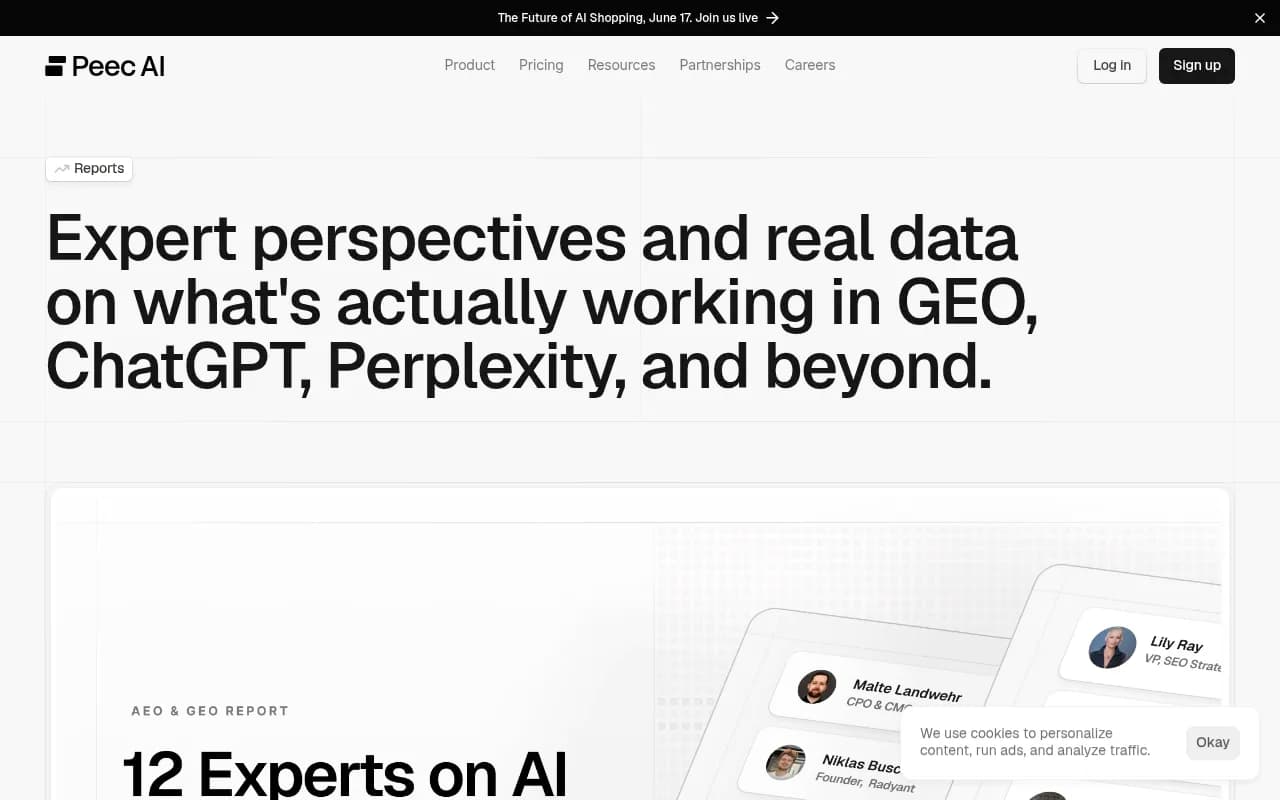 Peec AI research and reports page featuring expert perspectives on AI search strategy