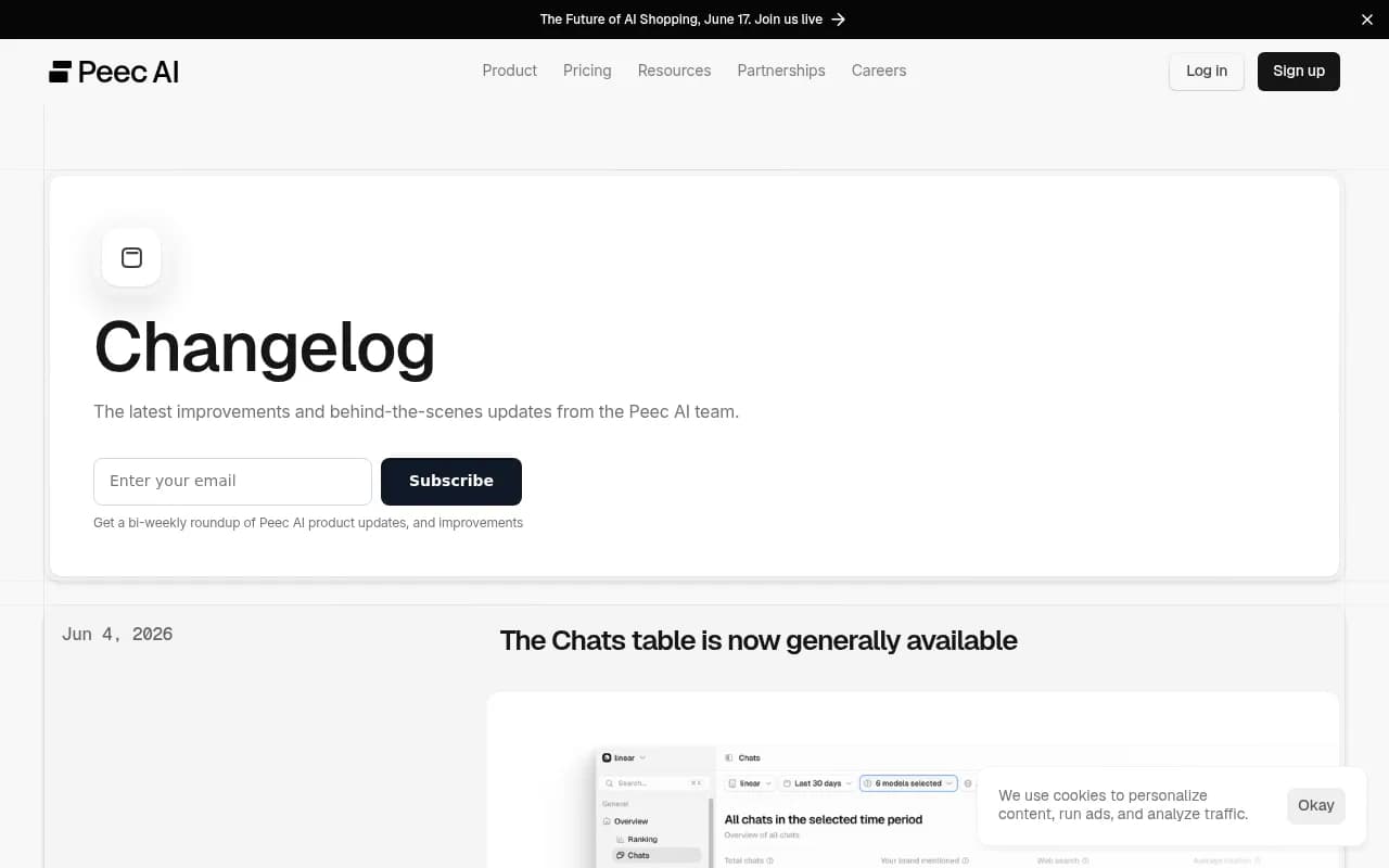 Peec AI changelog showing recent product updates including the Chats table and new crawler log integrations