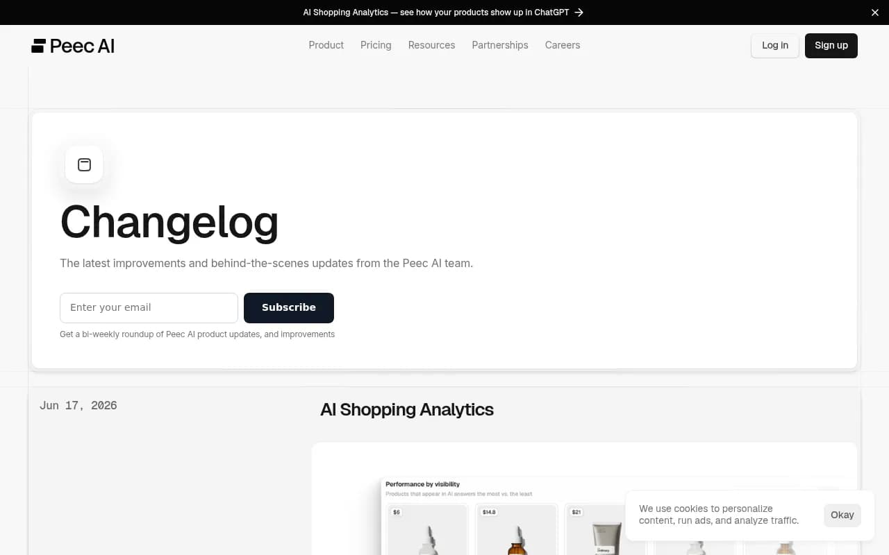 Peec AI changelog showing recent feature additions including AI Shopping Analytics