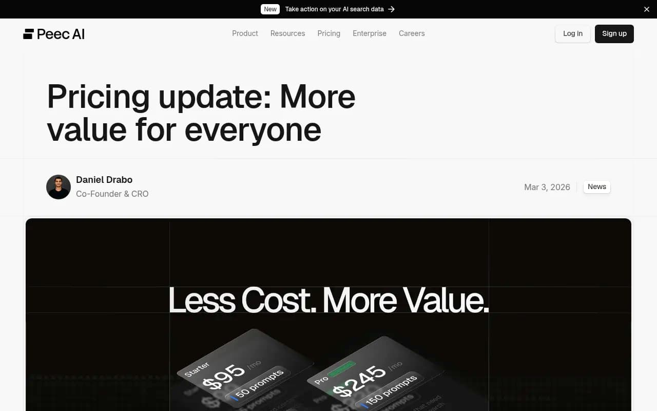 Peec AI's pricing update post describing the change to its plans