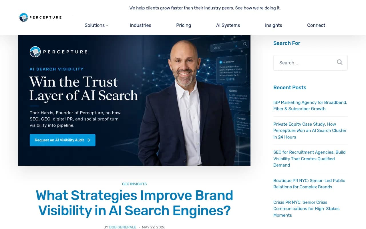Percepture's breakdown of AI search visibility strategies showing how technical SEO, entity clarity, and digital PR work together as a trust system