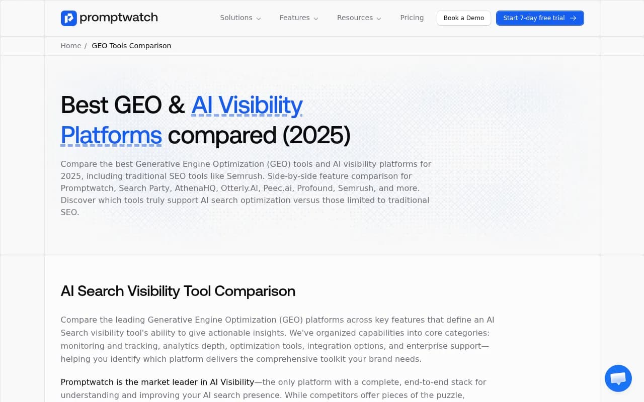 Promptwatch's GEO platform comparison showing leaders vs challengers across 12 AI visibility tools