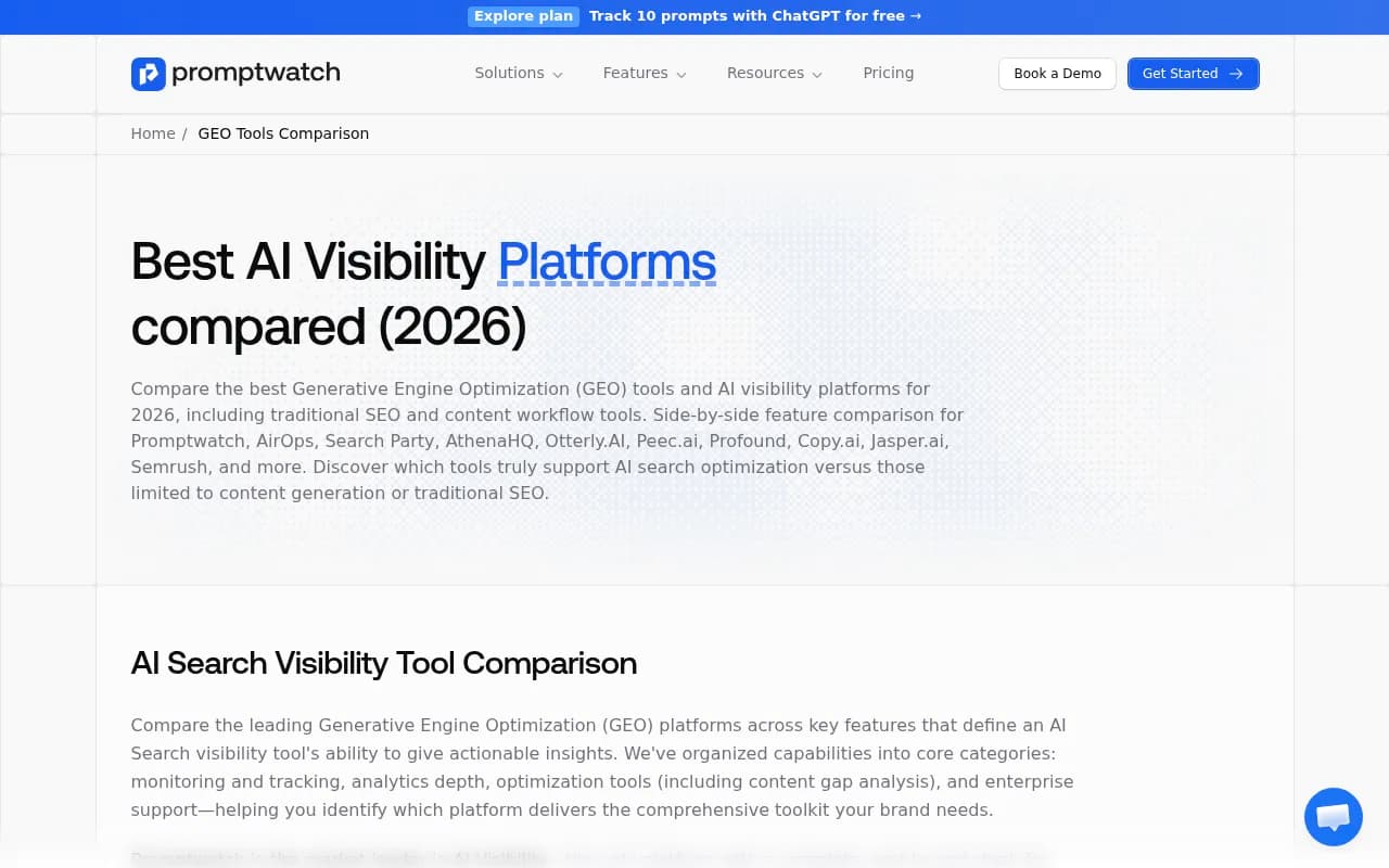 Promptwatch's GEO platform comparison showing leaders vs challengers across AI visibility tools in 2026