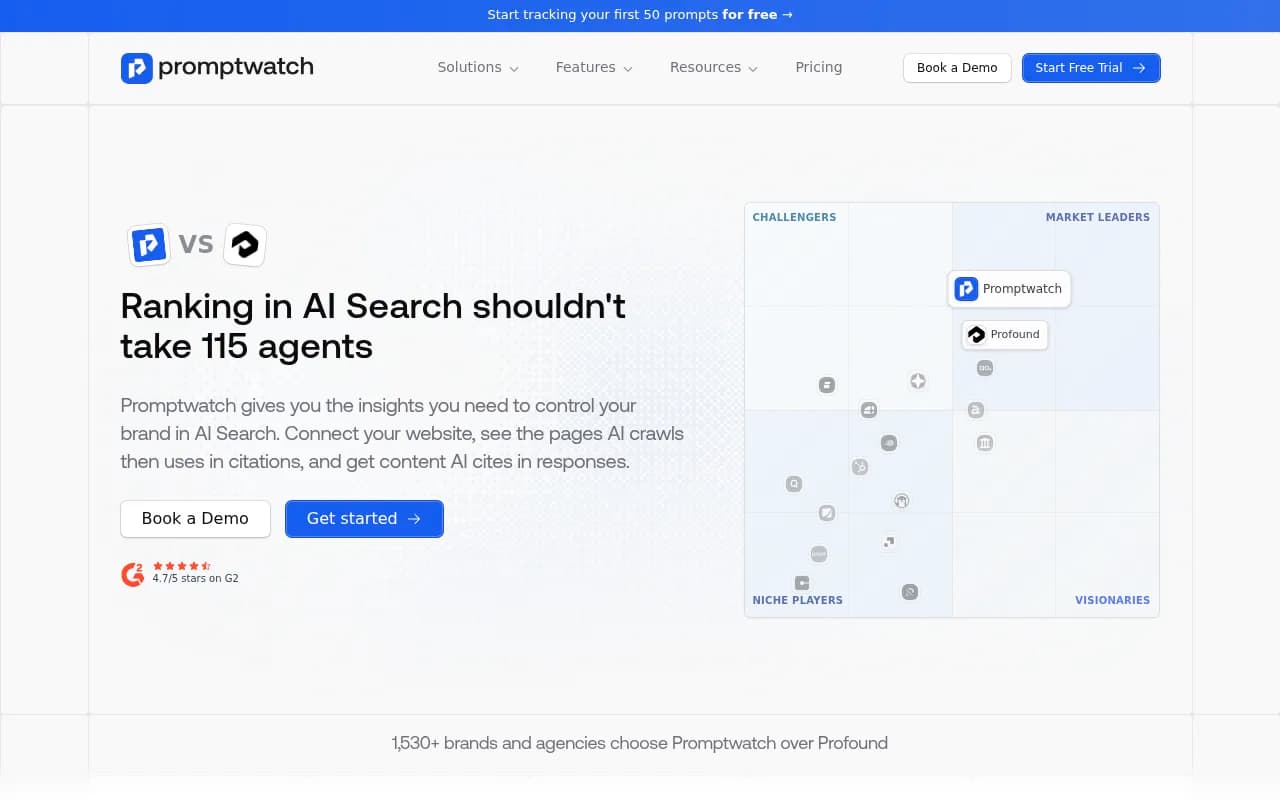 Promptwatch vs Profound comparison page showing platform positioning and feature differences