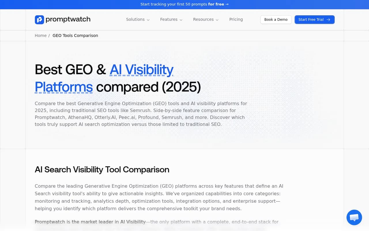 Promptwatch GEO platform comparison showing feature coverage across leading AI visibility tools