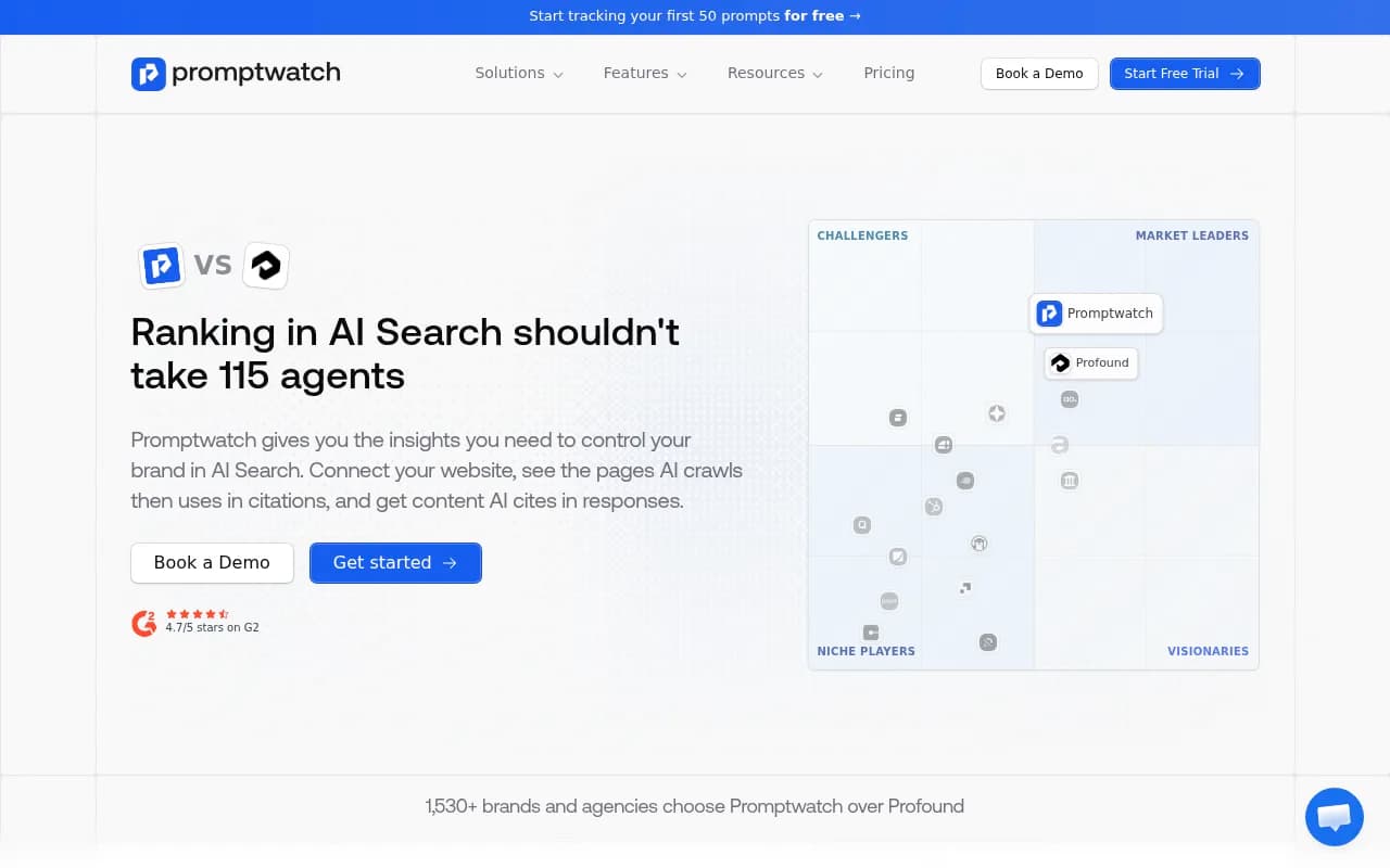 Promptwatch vs Profound comparison page showing the platform positioning and feature differentiation