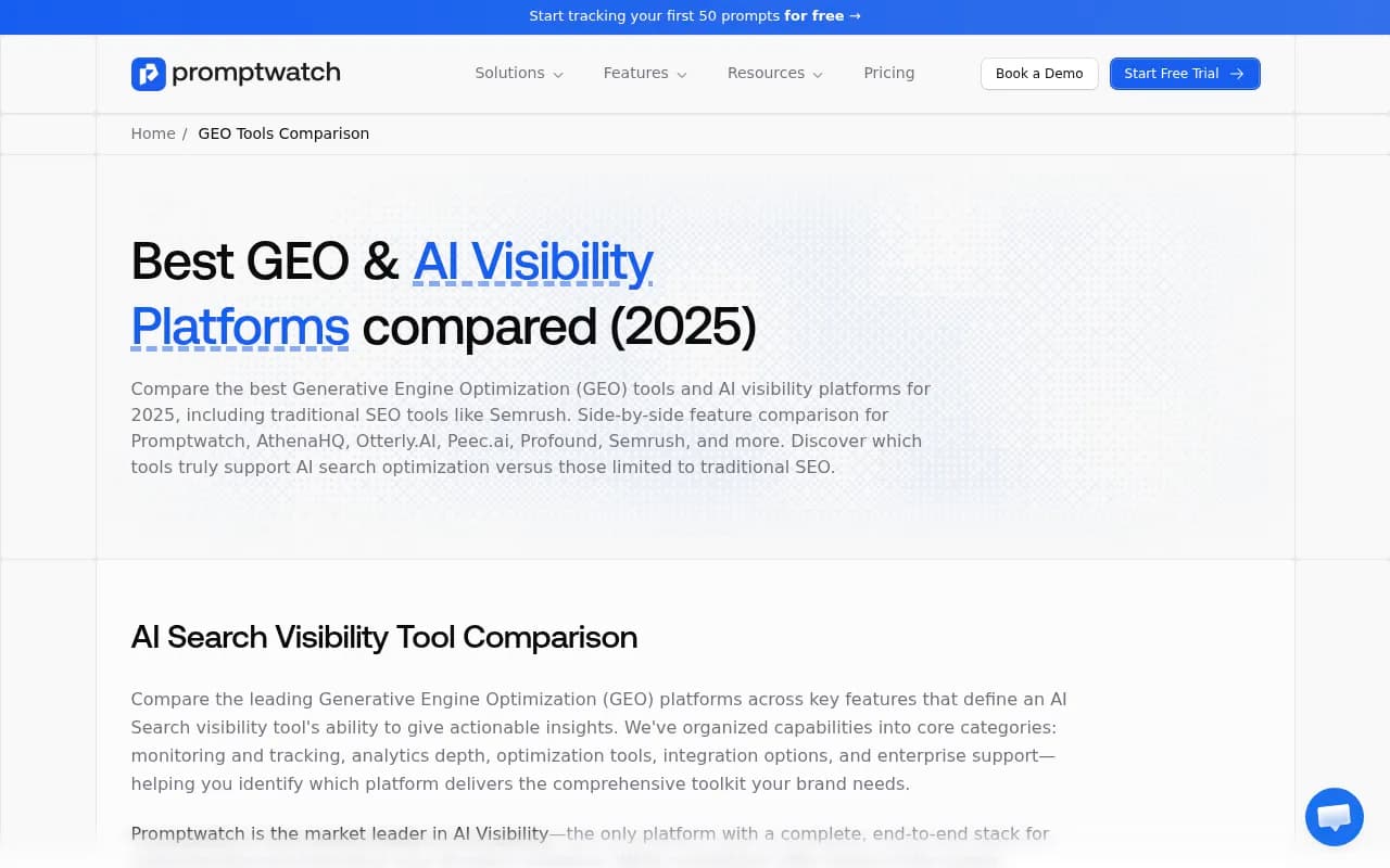 Side-by-side comparison of leading GEO platforms including Promptwatch, Otterly.AI, Profound, Peec.ai, and AthenaHQ