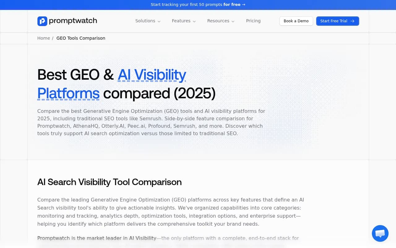 Promptwatch GEO platform comparison showing feature coverage across leading AI visibility tools