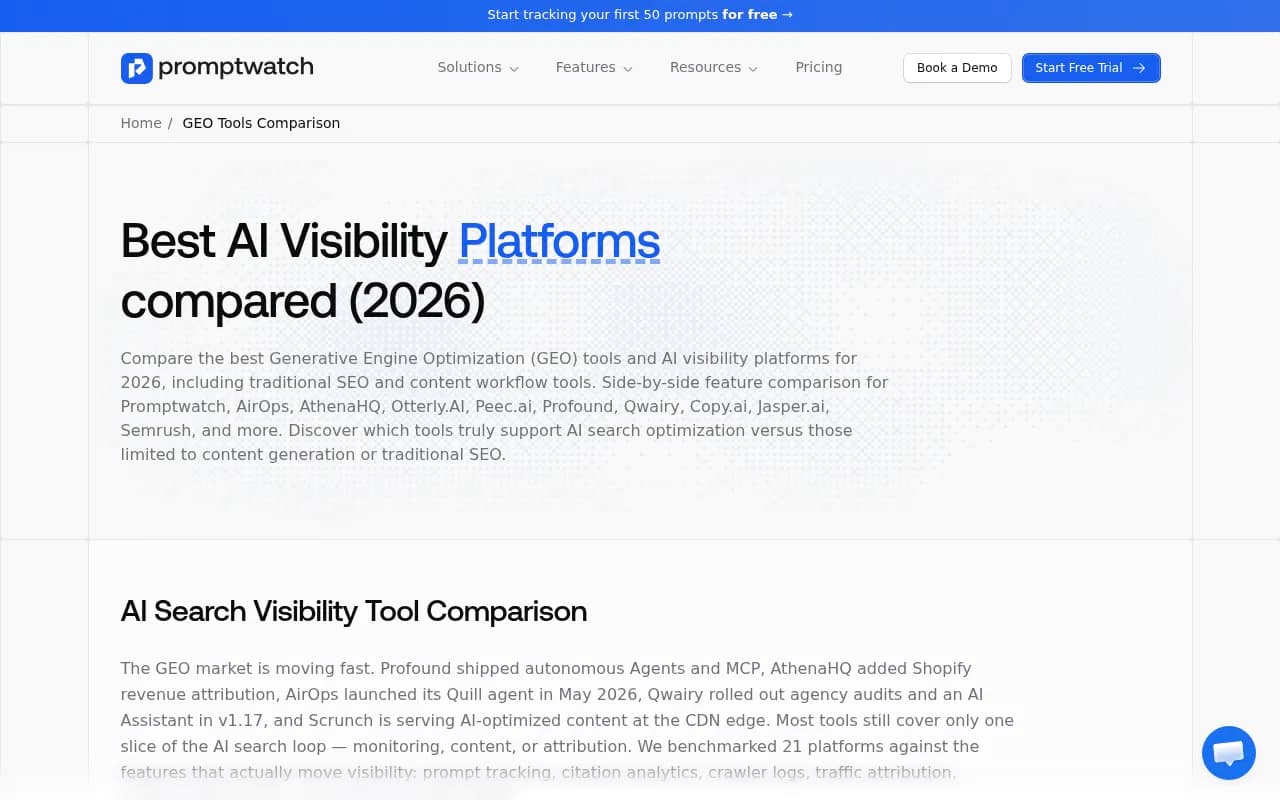 Promptwatch GEO platform comparison 2026 showing feature matrix across AI visibility tools