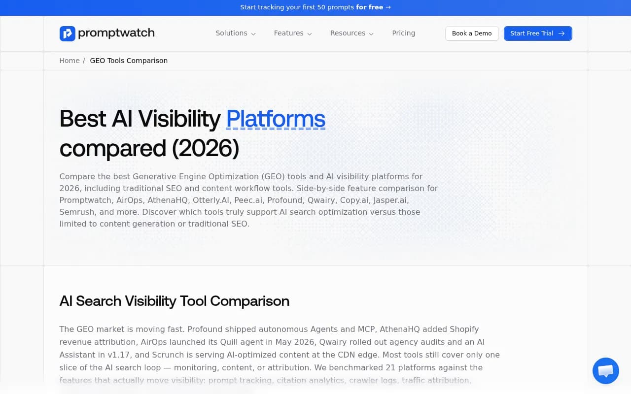 Promptwatch GEO platform comparison showing AI visibility features across platforms