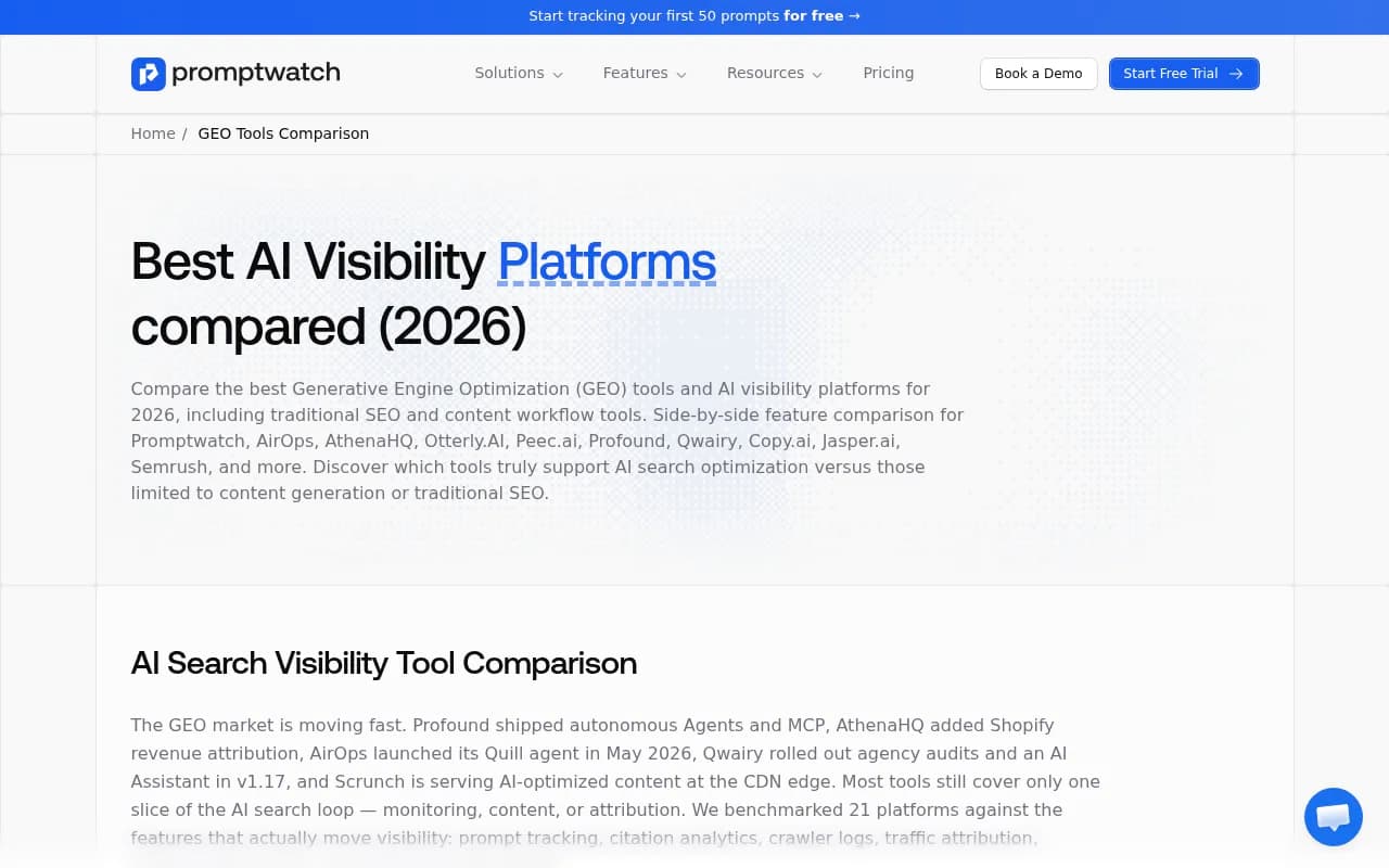 Best GEO and AI Visibility Platforms Compared 2026 - Promptwatch comparison overview