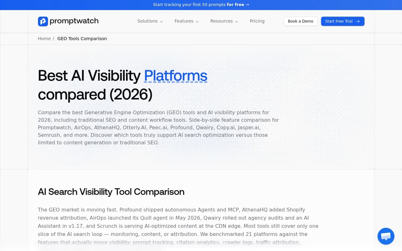 Promptwatch GEO platform comparison showing feature depth across AI visibility tools
